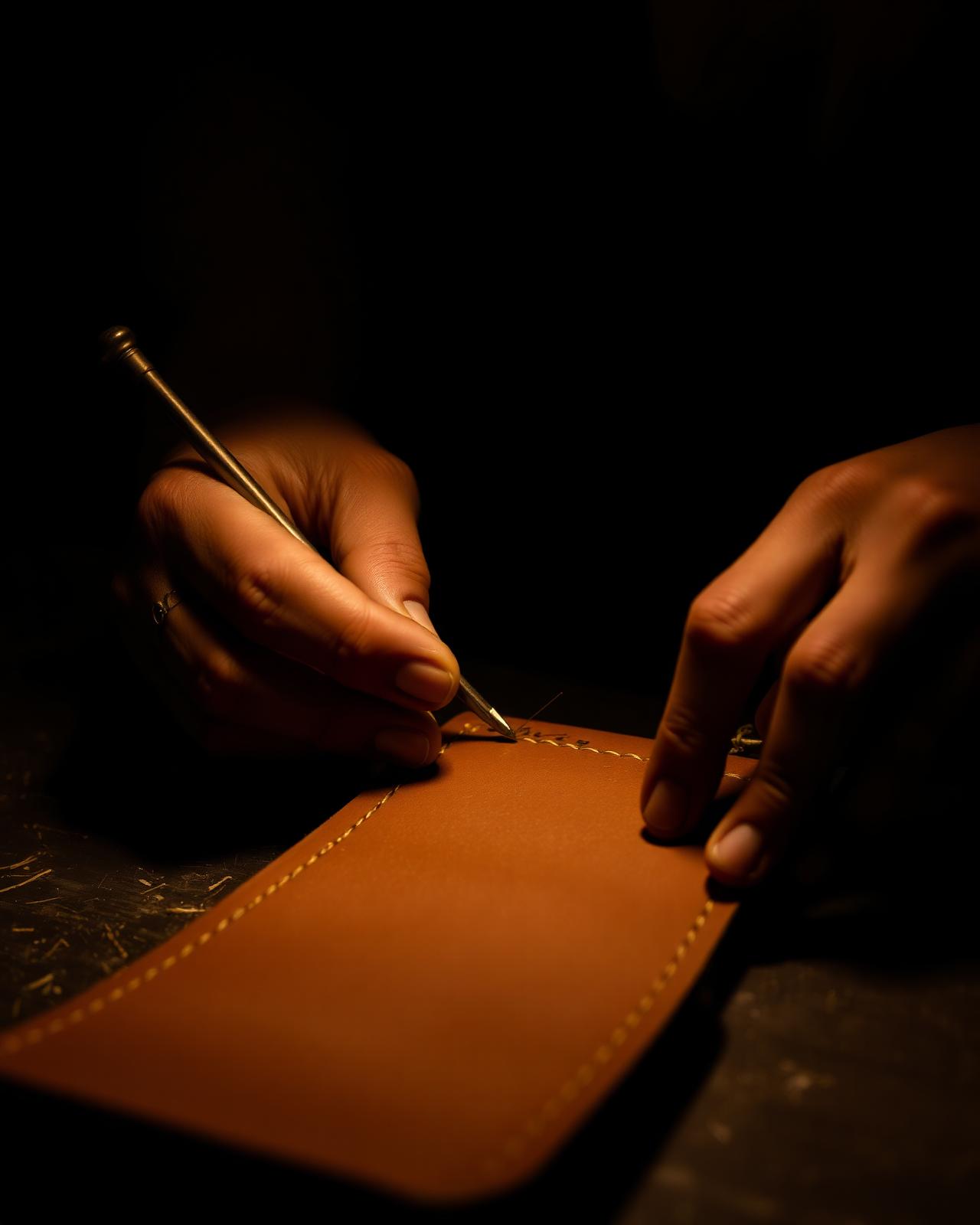 Artisan hand-stitching leather at Suni Atelier